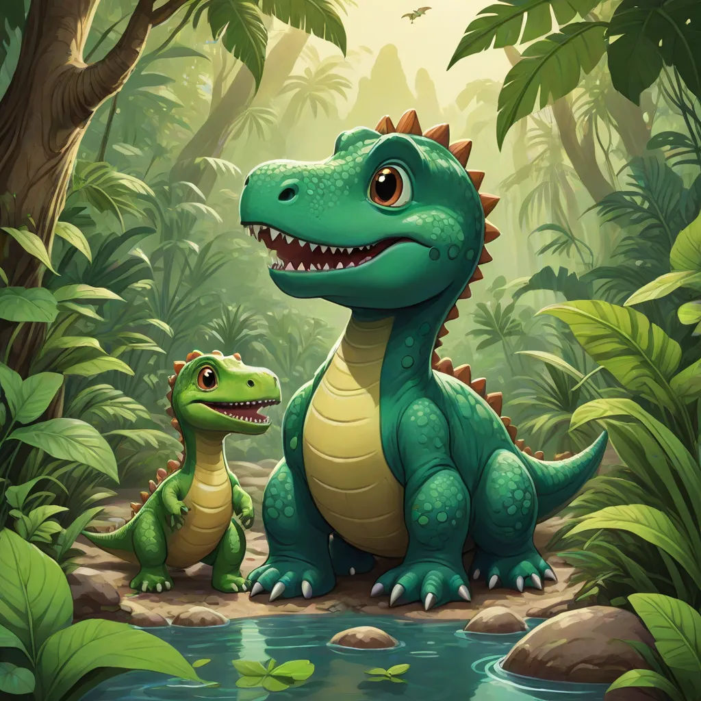 a dinosaur and a baby dinosaur in a jungle setting with a stream of water and trees in the background, sots art, a storybook illustration, Adam Rex, official art