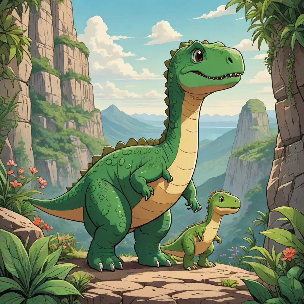 a cartoon dinosaur and a baby dinosaur in a jungle setting with mountains and trees in the background, with a sky background, sots art, concept art, Chris LaBrooy, official art