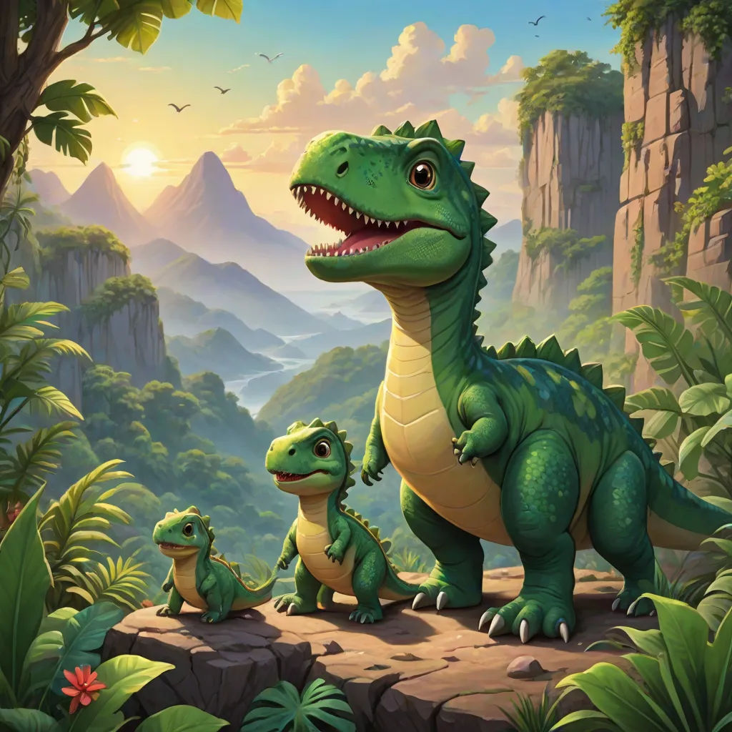 a mother dinosaur and her two babies in a jungle scene with mountains and trees in the background, with a bird flying overhead, sots art, concept art, Chris LaBrooy, official art
