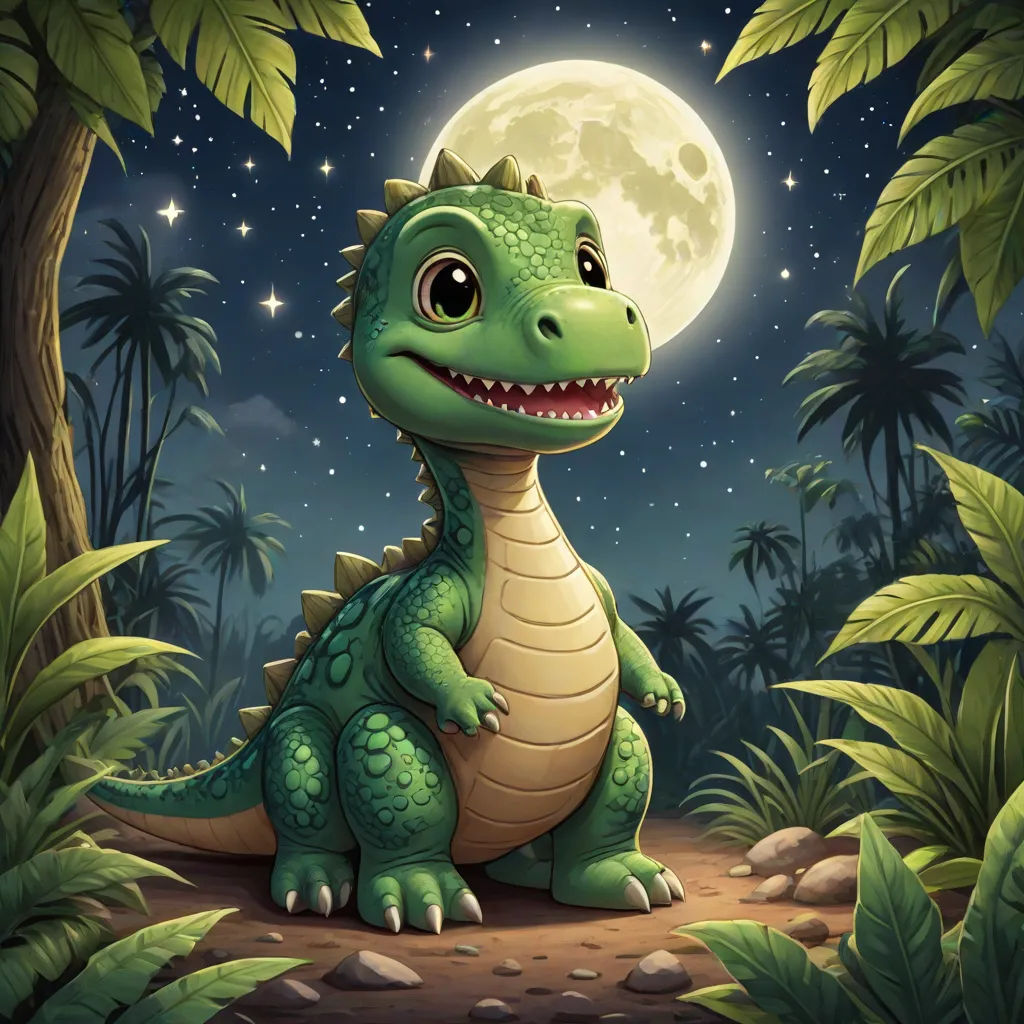 a cartoon dinosaur sitting in the middle of a forest under a full moon with stars and a full moon behind it, sots art, a storybook illustration, Adam Rex, storybook illustration