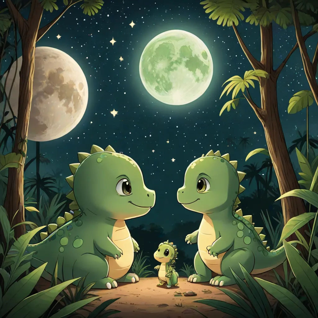 a couple of dinosaurs sitting in the middle of a forest under a full moon sky with a baby dinosaur, space art, a storybook illustration, Abidin Dino, official art