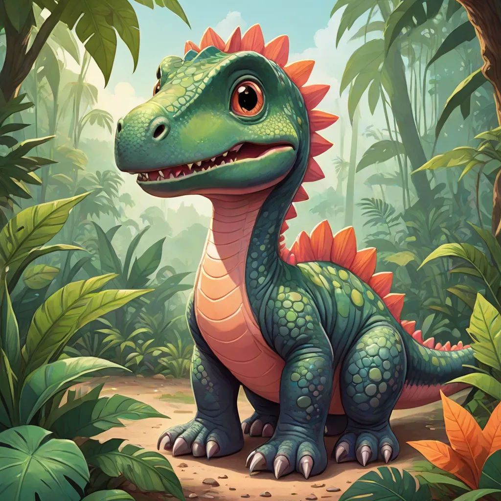 a cartoon dinosaur in the jungle with a lot of plants and trees around him and a smiling face on his face, sots art, concept art, Adam Rex, magic the gathering artwork