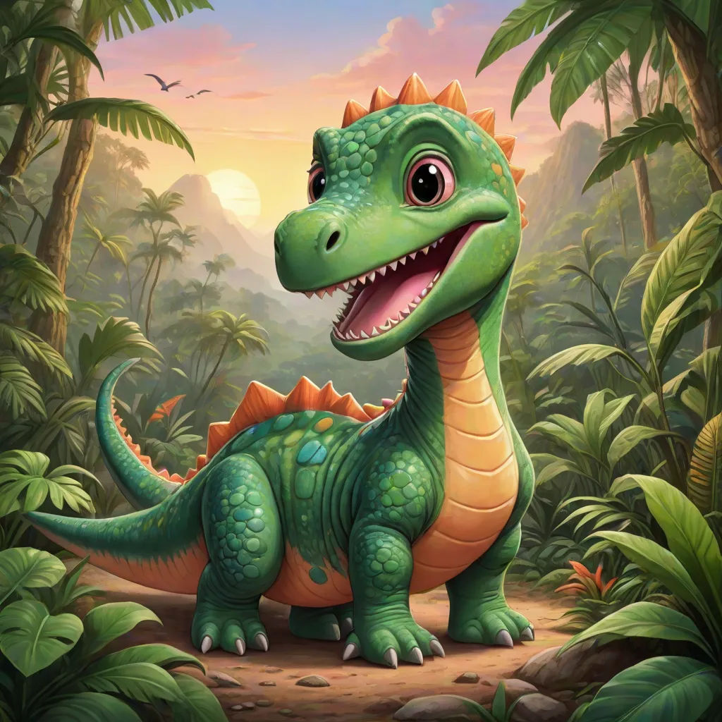 a cartoon dinosaur in the jungle with a bird flying above it and a bird in the background with a sunset, sots art, a digital painting, Adam Rex, magic the gathering artwork