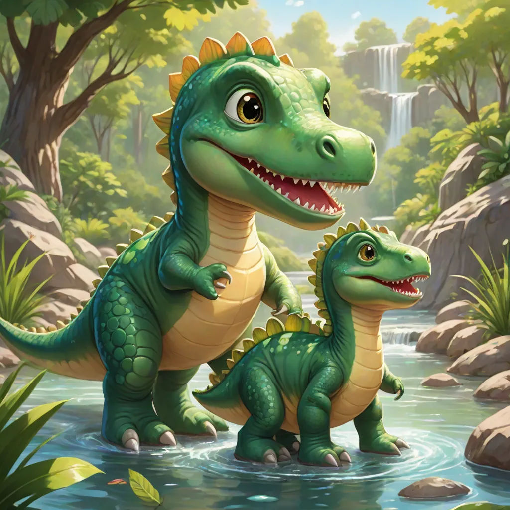 a couple of dinosaurs standing in a river next to a forest filled with trees and rocks, with a waterfall in the background, sots art, concept art, Adam Rex, official art