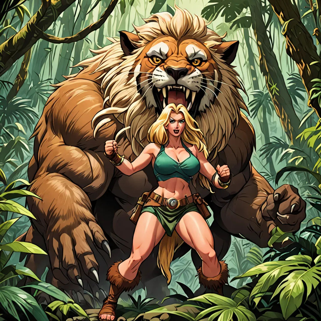 a woman in a bikini standing in front of a giant tiger in the jungle with a sword in her hand, furry art, a comic book panel, Alex Horley, comic cover art