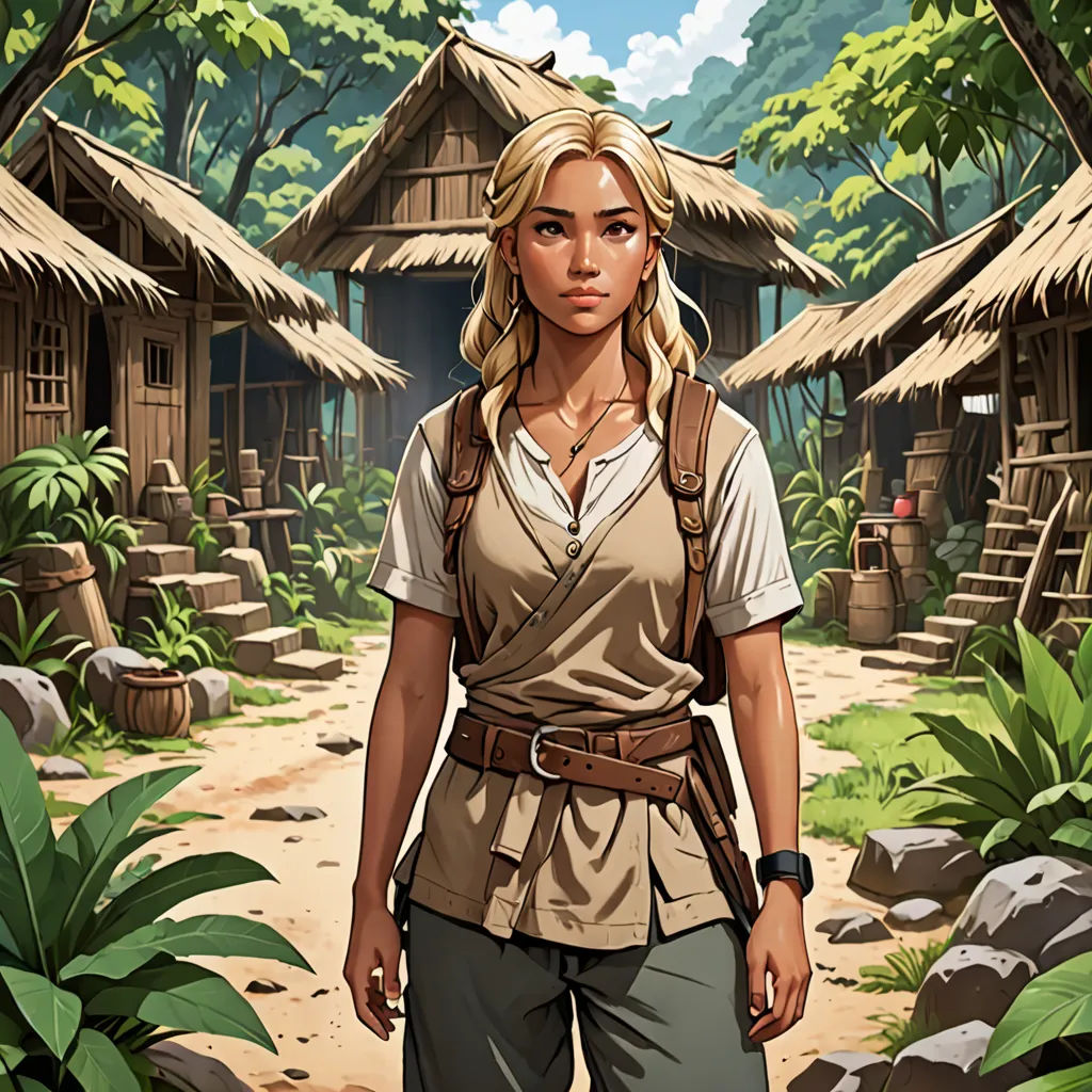 a woman in a brown shirt and a brown backpack standing in front of a hut with a forest and rocks, serial art, a character portrait, Claire Falkenstein, key art