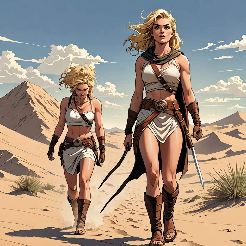 a couple of women walking across a desert covered in sand holding swords and swords in their hands and two of them wearing costumes, fantasy art, a comic book panel, Clint Cearley, western comic book art