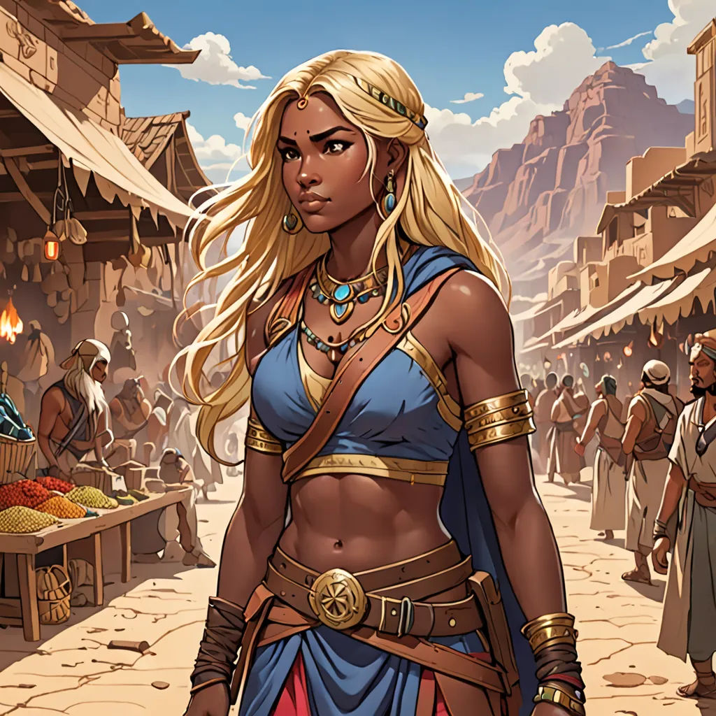 a woman in a blue dress standing in front of a market with people in the background and a man in a gold and blue outfit, fantasy art, a comic book panel, Clint Cearley, western comic book art