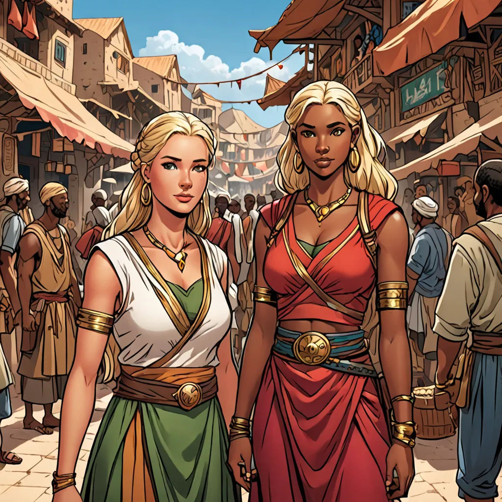 two women in ancient dress standing in a street with a crowd of people in the background and a cityscape in the background, fantasy art, a comic book panel, Altoon Sultan, graphic novel