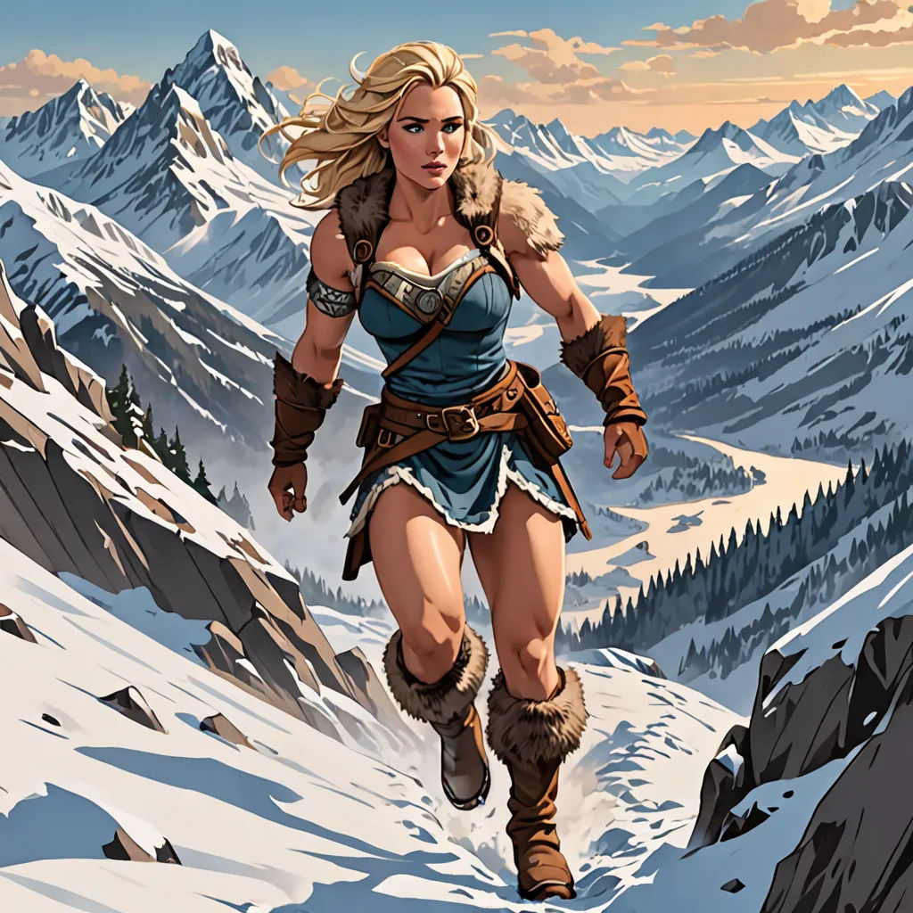 a woman in a blue dress is running through the snow covered mountains with a sword in her hand and a sword in her hand, fantasy art, a comic book panel, Christophe Vacher, giantess art