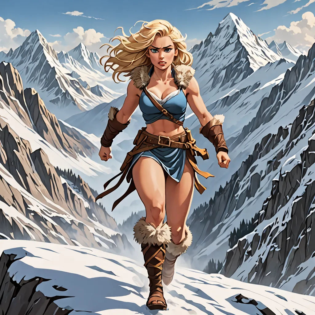 a woman in a blue outfit is running through the snow covered mountains with a sword in her hand and a sword in her hand, fantasy art, a comic book panel, Christophe Vacher, epic fantasy character art
