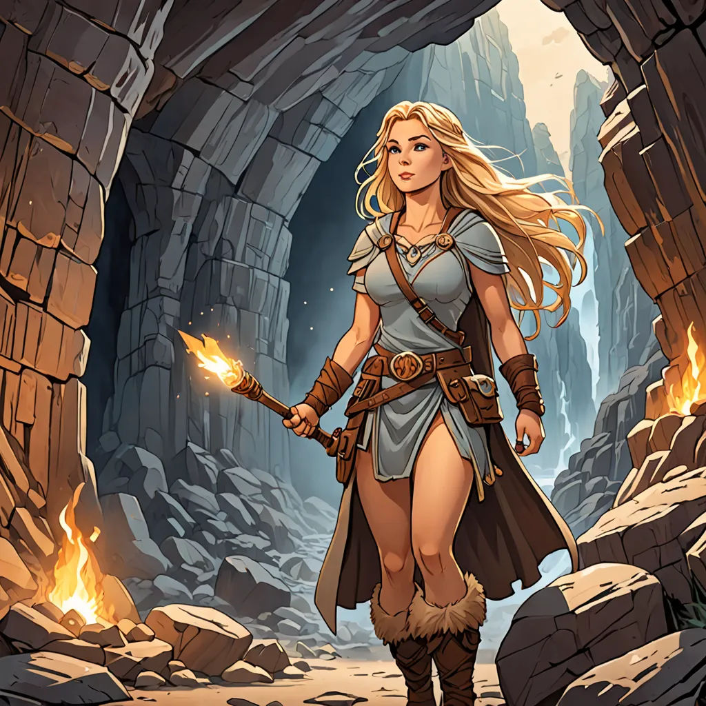 a woman in a cave with a sword and a fire in her hand and a fire in her hand, fantasy art, a comic book panel, Christophe Vacher, rossdraws global illumination