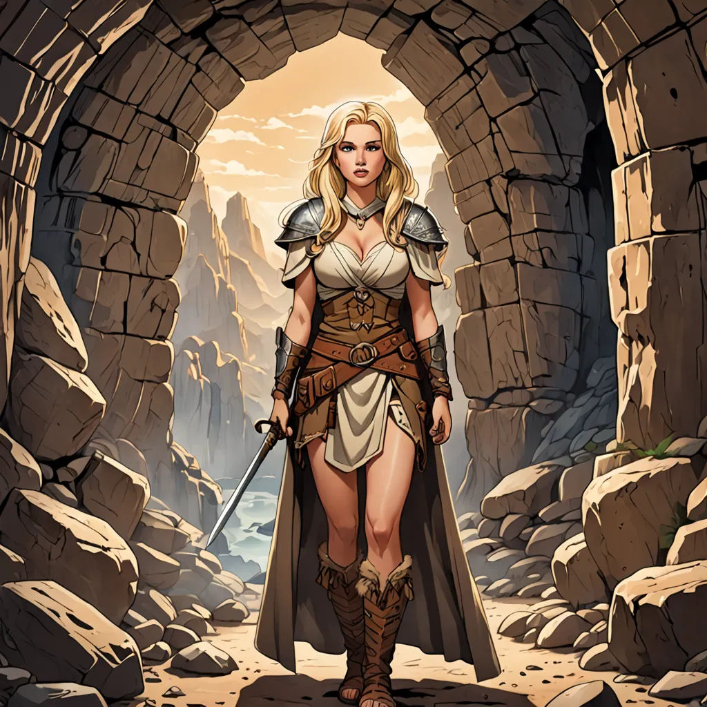 a woman in a white dress and brown cape holding a sword in a cave with rocks and a mountain, fantasy art, a comic book panel, Chris Rallis, epic fantasy character art
