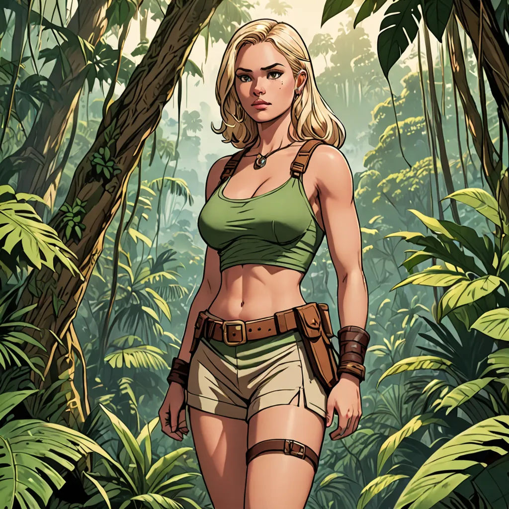 a woman in a bikini and shorts in a jungle with a gun in her hand and a jungle background, cobra, a comic book panel, Cliff Childs, stanley artgerm lau