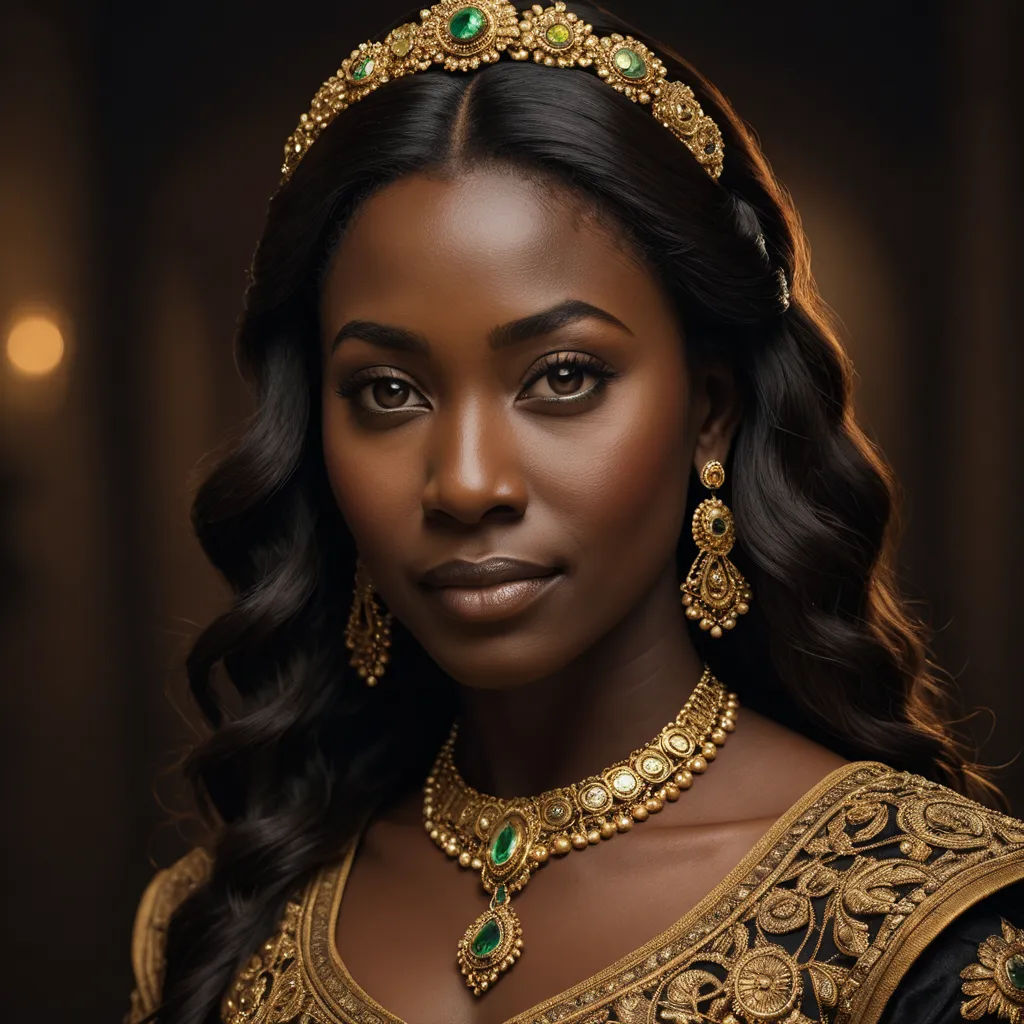 a woman wearing a gold and green necklace and earrings with a tiara on her head and a dark background, qajar art, a character portrait, Chinwe Chukwuogo-Roy, regal
