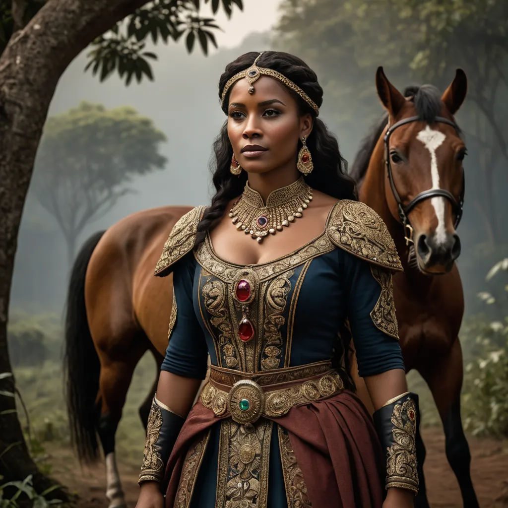 a woman in a costume standing next to a horse in a forest with trees and bushes behind her, with a horse in the background, afrofuturism, a poster, Chinwe Chukwuogo-Roy, promotional image