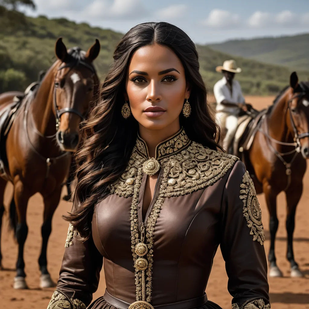 a woman in a brown dress standing next to two horses in a field with a man on a horse behind her, arabesque, a character portrait, Araceli Gilbert, promotional image