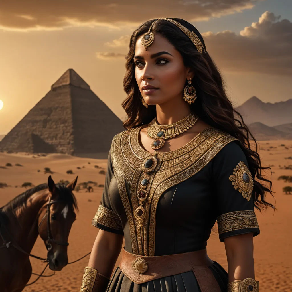 a woman in a black dress standing next to a horse in front of a pyramid and a desert area, fantasy art, egyptian art, Altoon Sultan, promotional image