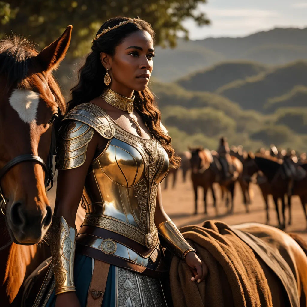a woman in a costume standing next to a horse in a field with other horses in the background and a mountain range in the distance, afrofuturism, a renaissance painting, Araceli Gilbert, promotional image