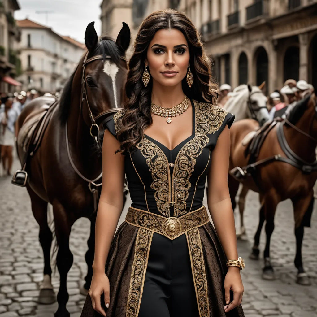 a woman in a dress standing next to a horse on a street with other horses in the background and a man in a suit standing next to a horse, arabesque, a character portrait, Araceli Gilbert, promotional image