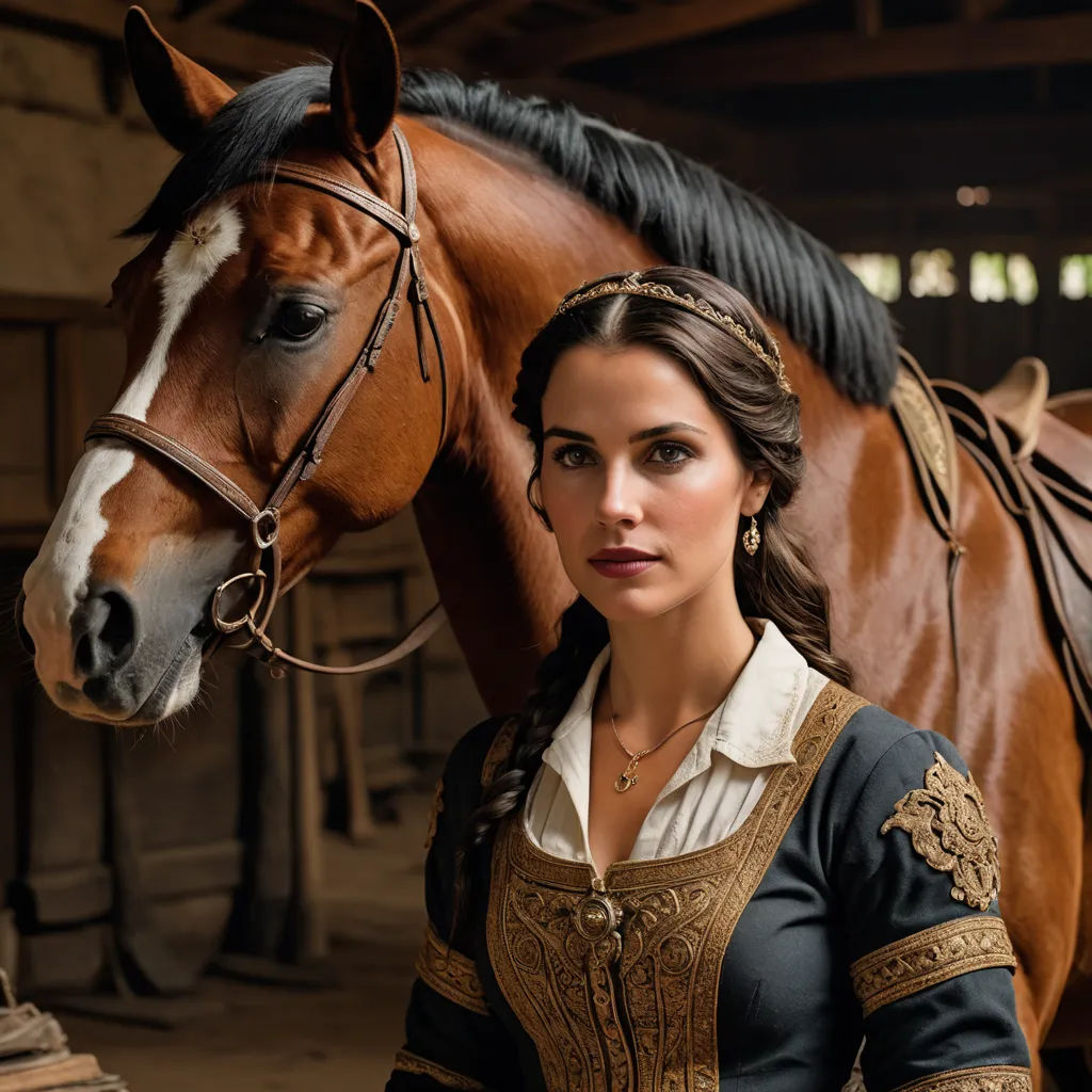 a woman in a dress standing next to a horse in a stable with a horse behind her and a horse behind her, rococo, a character portrait, Aramenta Dianthe Vail, promotional image