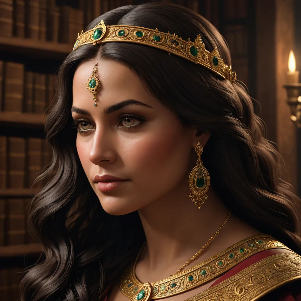 a woman in a gold and green costume with a tiara and a bookcase in the background,, fantasy art, computer graphics, Altoon Sultan, highly detailed digital painting