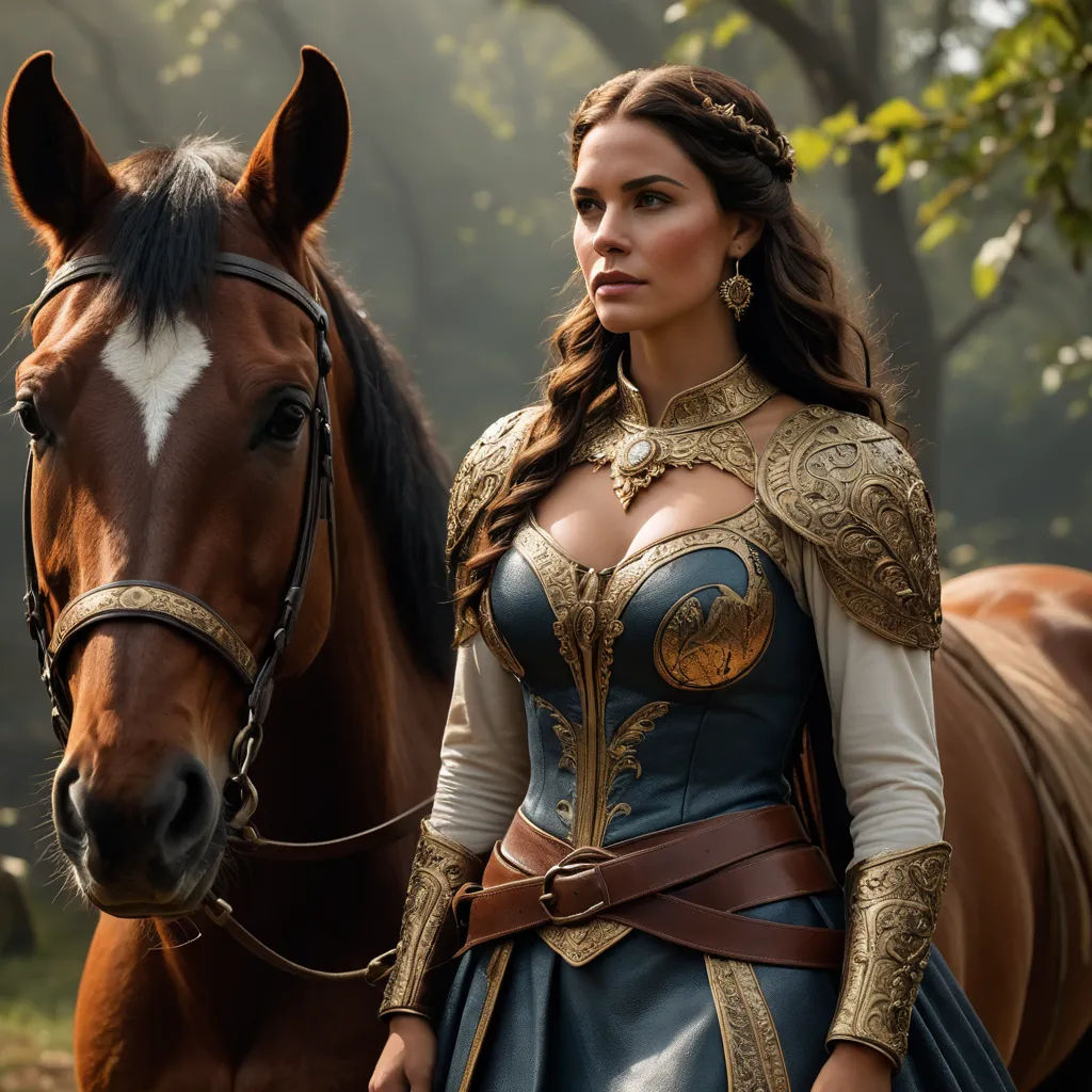 a woman in a blue dress standing next to a horse in a forest with trees and grass behind her, renaissance, a character portrait, Anna Maria Barbara Abesch, promotional image