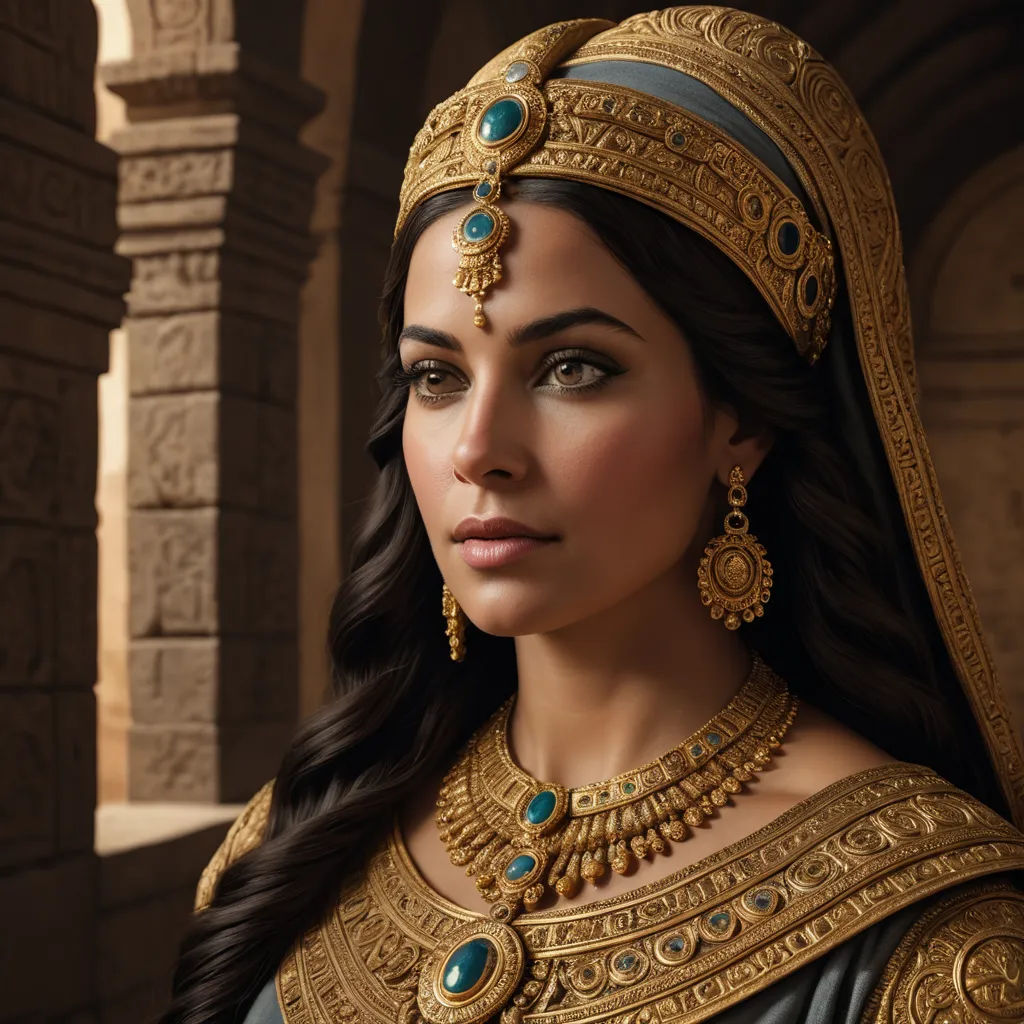 a woman in a gold and blue outfit with a tiara and jewelry on her head and a brick wall behind her, qajar art, a photorealistic painting, Araceli Gilbert, highly detailed digital painting