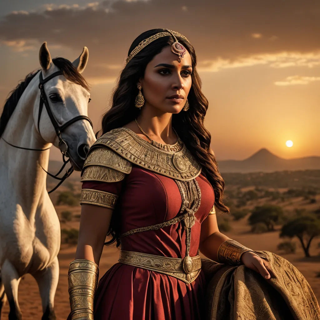 a woman in a red dress standing next to a horse in the desert at sunset with a horse behind her, samikshavad, egyptian art, Araceli Gilbert, promotional image