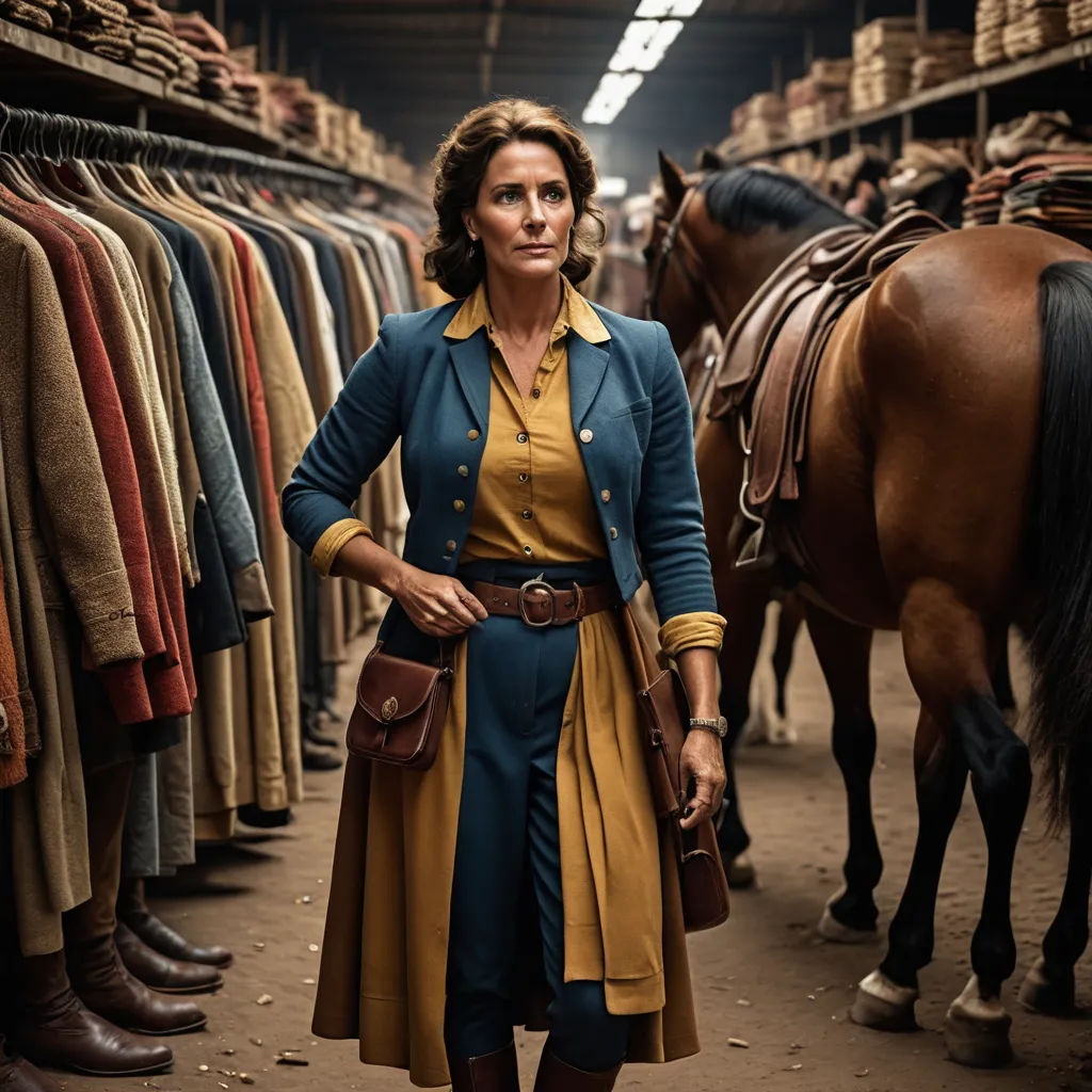 a woman standing in a store next to a horse and a rack of clothes on a rack of racks, arts and crafts movement, a character portrait, Daphne Fedarb, promotional image