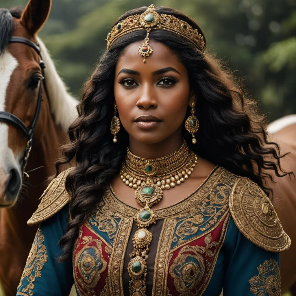 a woman in a costume standing next to a horse in a field of grass and trees, with a horse in the background, renaissance, a character portrait, Chinwe Chukwuogo-Roy, regal