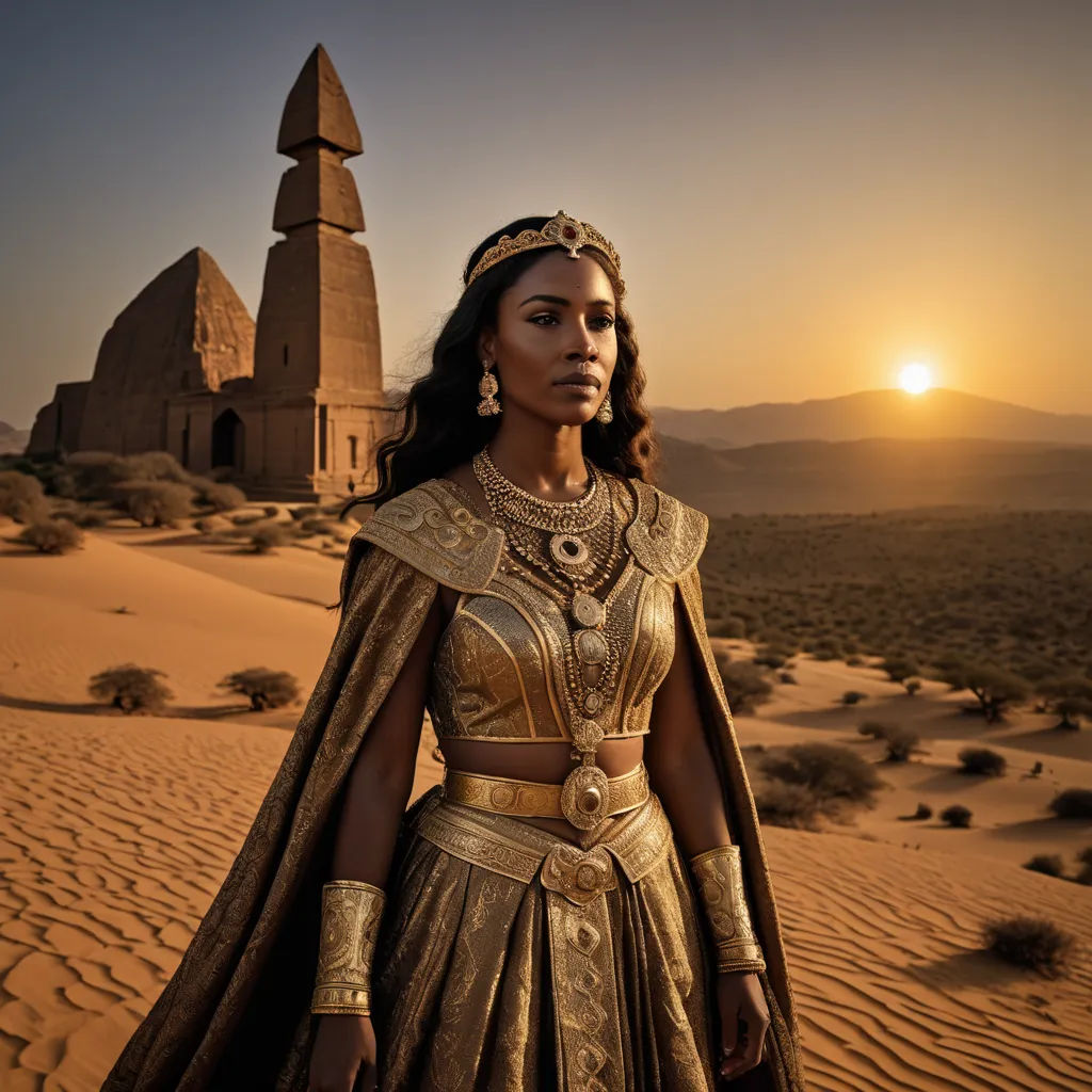 a woman in a gold dress and a gold cape stands in the desert at sunset with a desert backdrop, afrofuturism, a poster, Chinwe Chukwuogo-Roy, promotional image