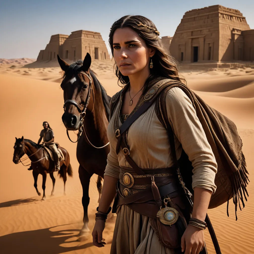 a woman in a desert with two horses and a man in a desert suit on horseback in front of a desert building, serial art, egyptian art, Araceli Gilbert, promotional image