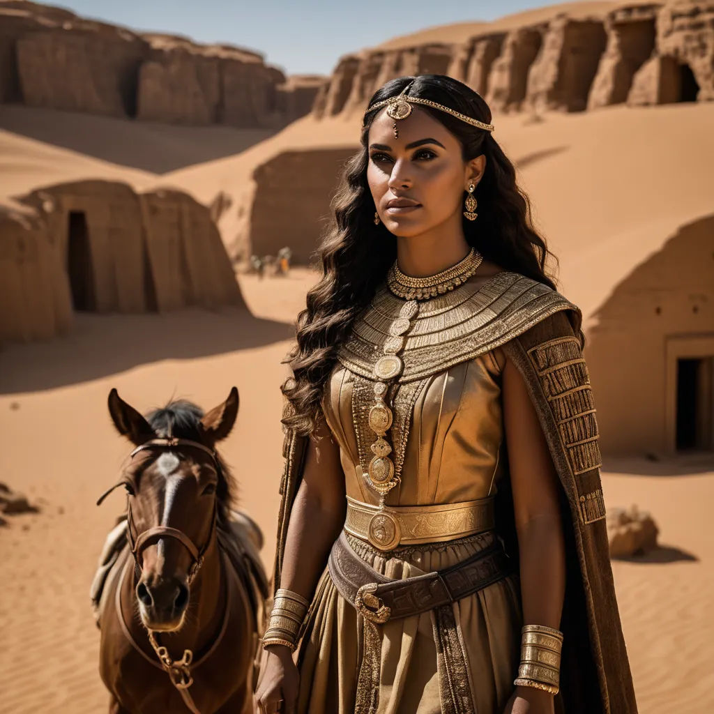 a woman in a gold dress standing next to a horse in the desert with a desert background and a desert like area, afrofuturism, egyptian art, Araceli Gilbert, promotional image