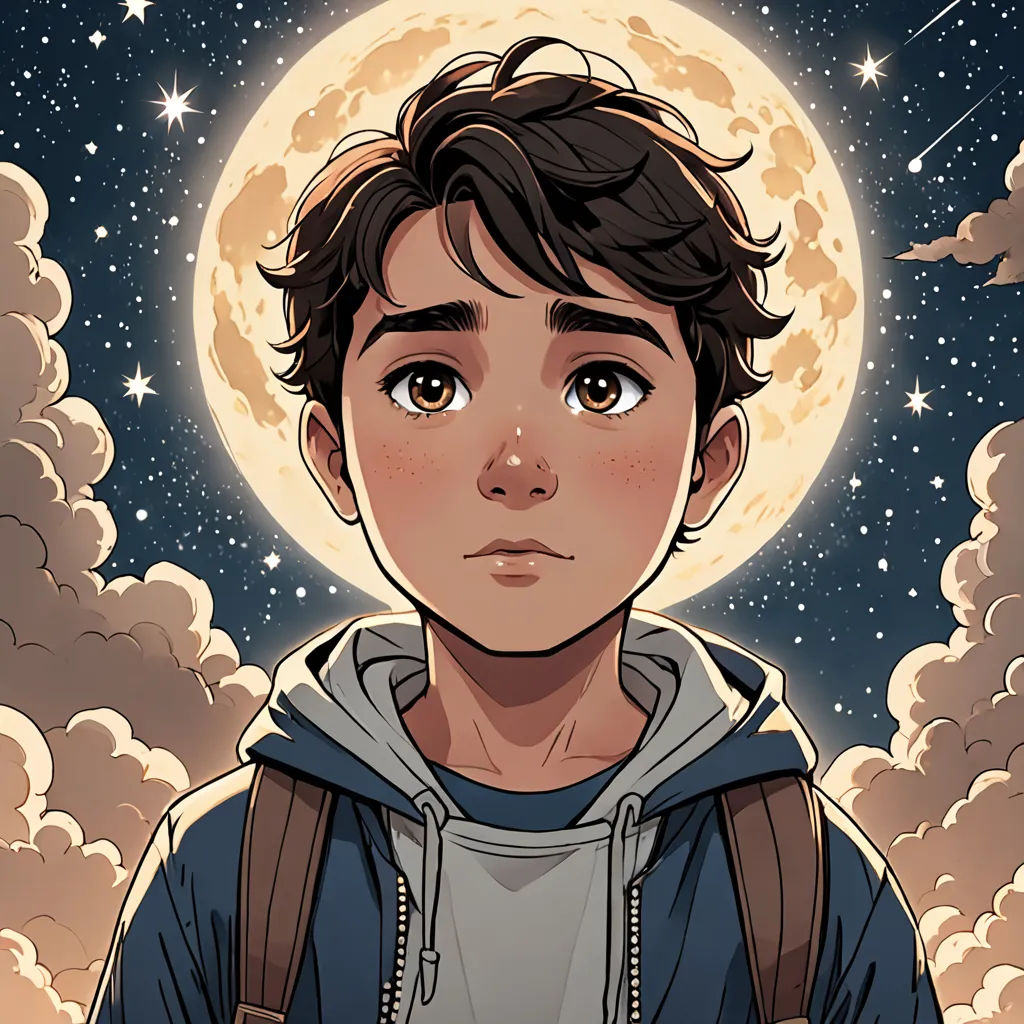 a boy with a backpack standing in front of a full moon and clouds with stars in the sky behind him, space art, a character portrait, Asaf Hanuka, comic cover art