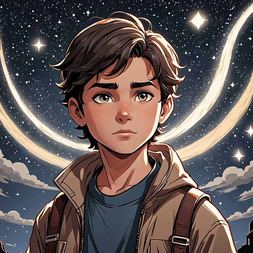 a boy with a backpack standing in front of a night sky with stars and crescents above him, with a crescent of stars in the background, space art, a character portrait, Cliff Childs, comic cover art