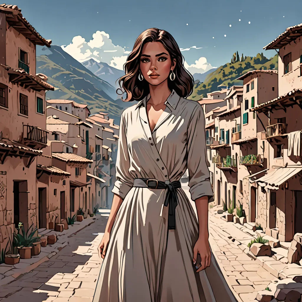 a woman in a dress is standing on a street in a town with mountains in the background and a mountain range in the distance, modern european ink painting, an ultrafine detailed painting, Colin Middleton, high detail illustration