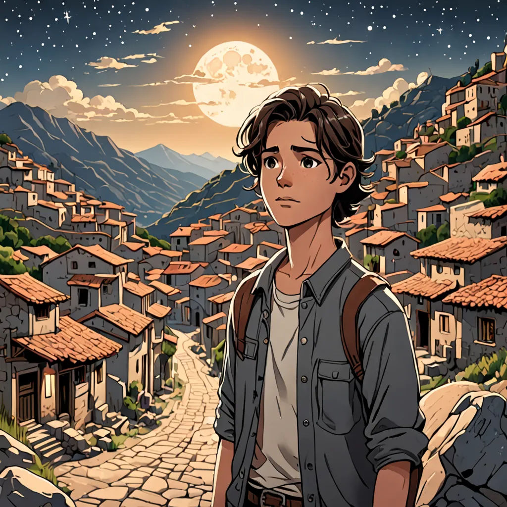 a man standing in front of a village under a full moon sky with a full moon in the background, fantasy art, a comic book panel, Cedric Seaut (Keos Masons), comic cover art