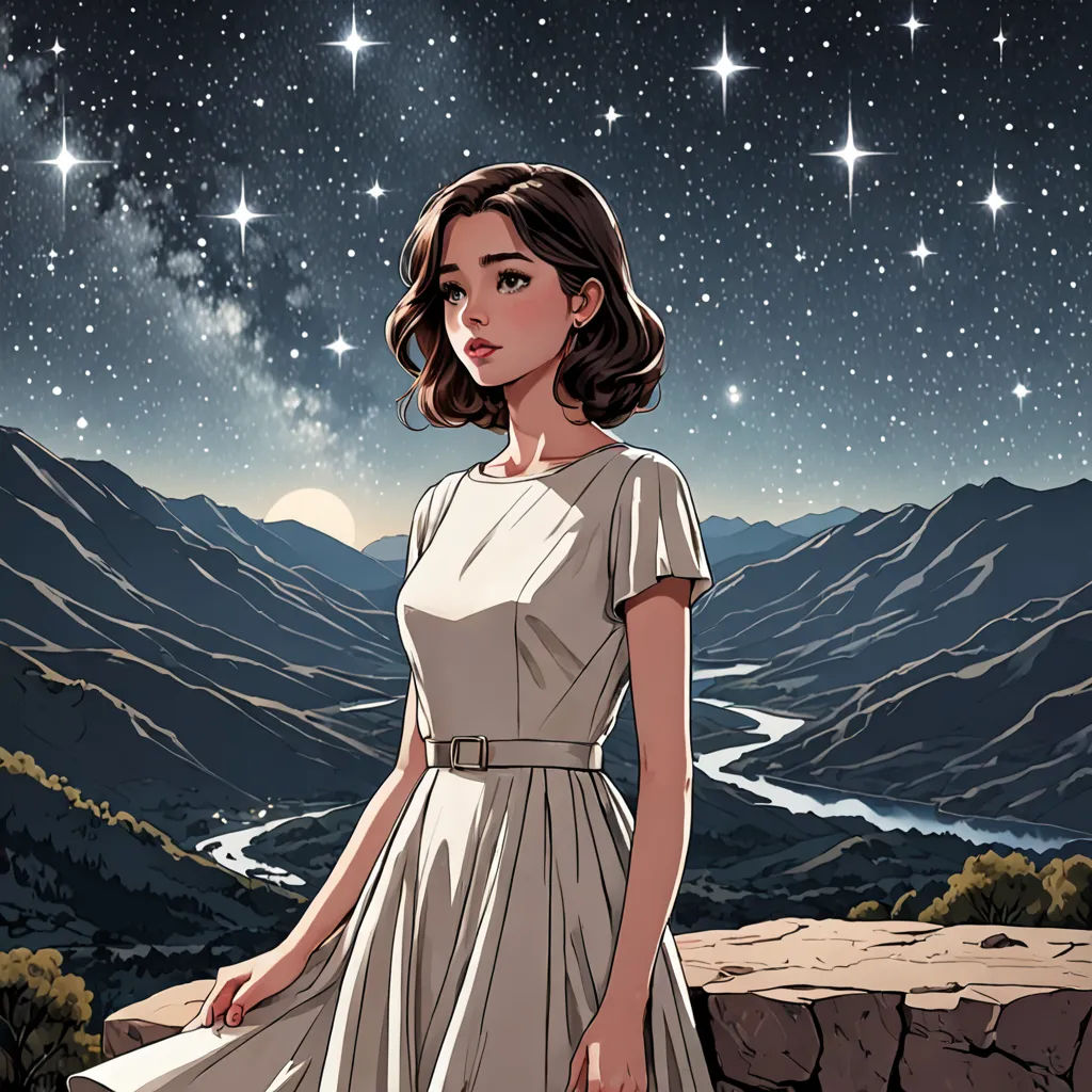 a woman in a dress standing on a cliff looking at the stars above her head and mountains in the background, space art, poster art, Choi Buk, yukito kishiro