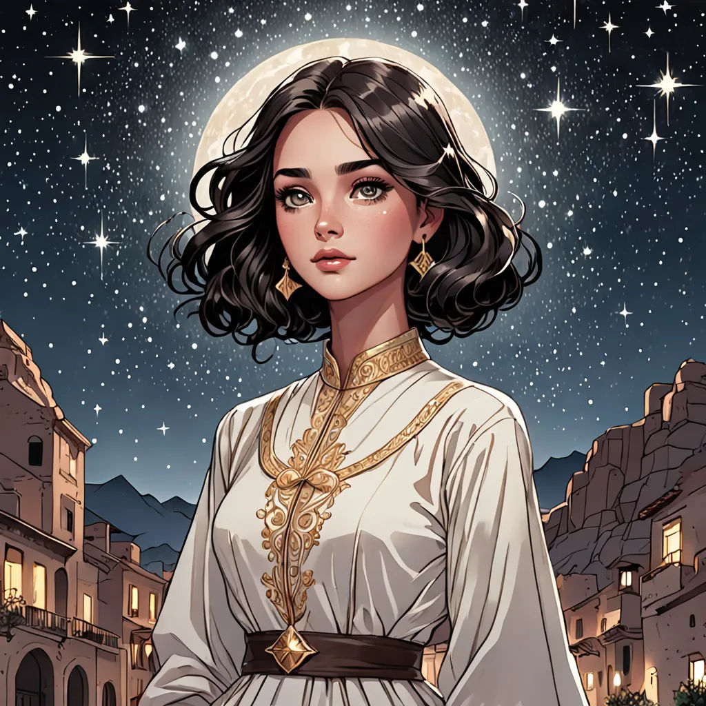 a woman in a white dress standing in front of a night sky with stars and a moon above her, fantasy art, a character portrait, Charlie Bowater, rossdraws global illumination