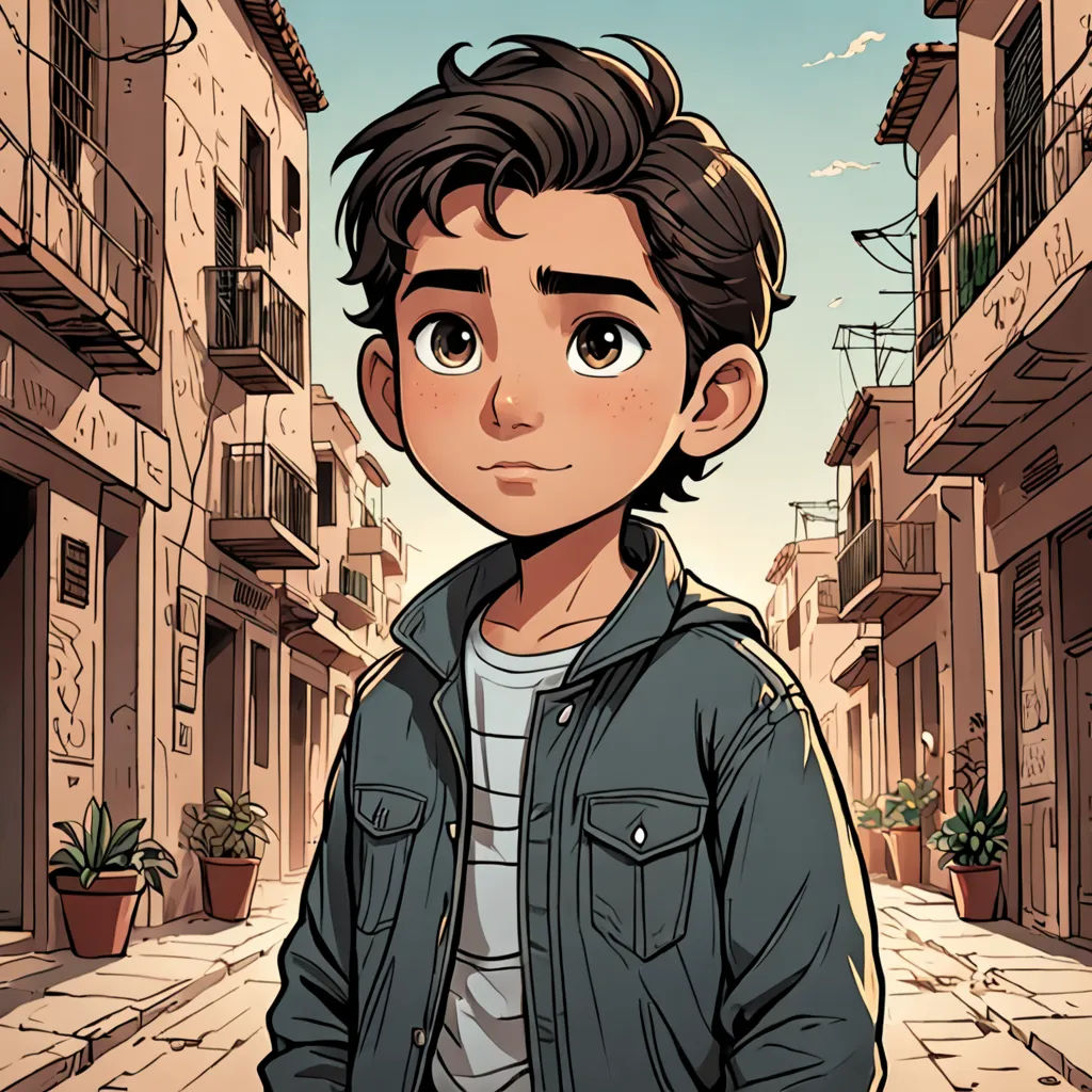 a boy standing in a street with a building in the background and a plant in the foreground, and a building in the background, serial art, a character portrait, Diego Gisbert Llorens, comic cover art