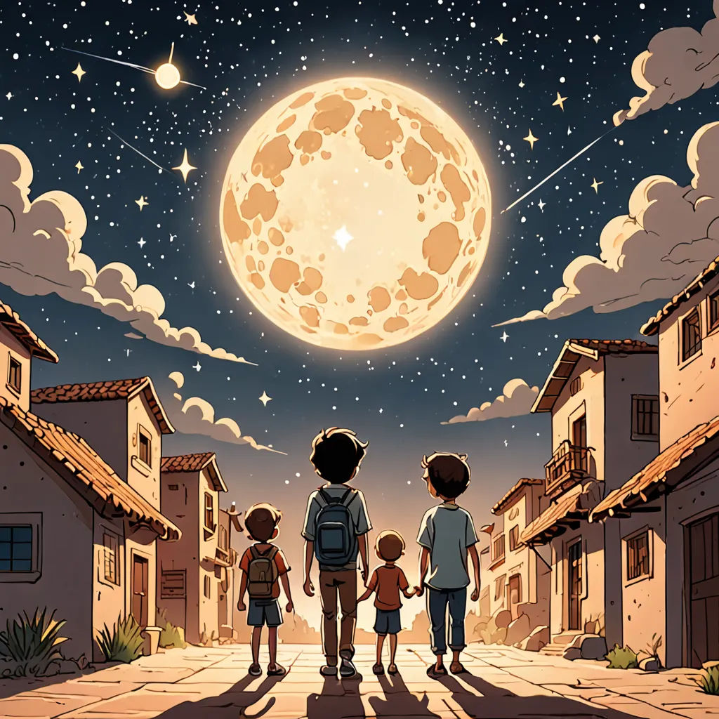 a family of three walking down a street under a full moon sky with stars and clouds above them,, space art, a storybook illustration, Asaf Hanuka, moon