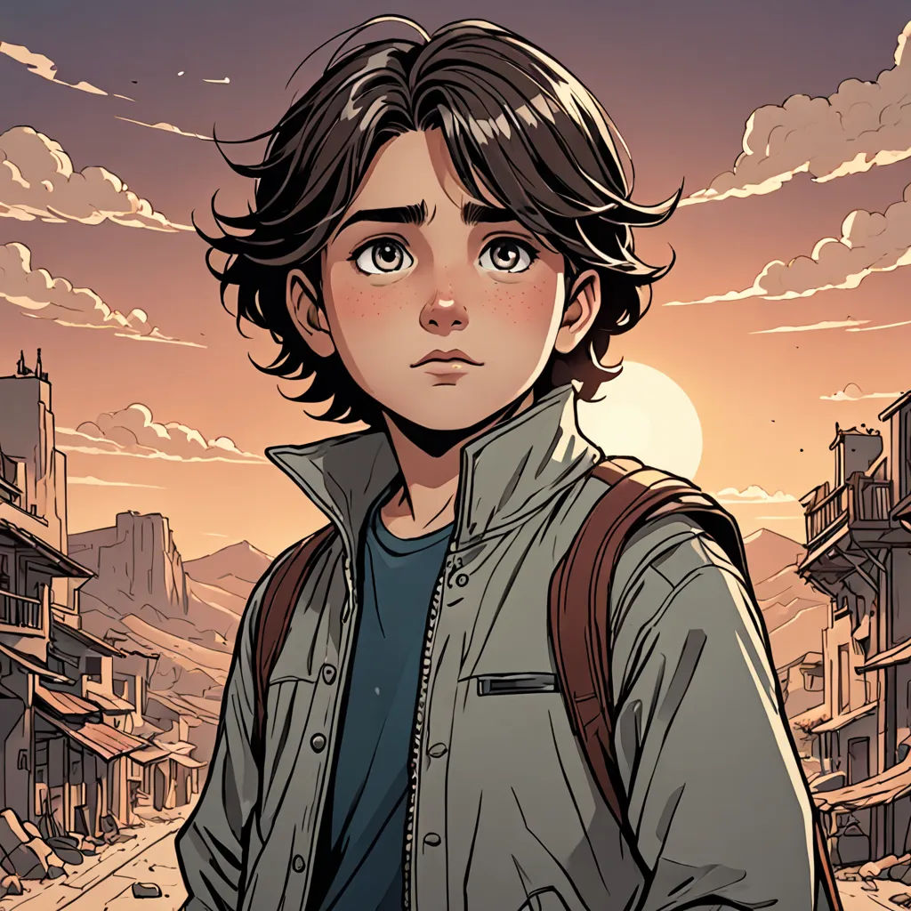 a boy with a backpack standing in front of a sunset and a cityscape in the background with a sun setting, paris school, a comic book panel, Cliff Childs, yukito kishiro