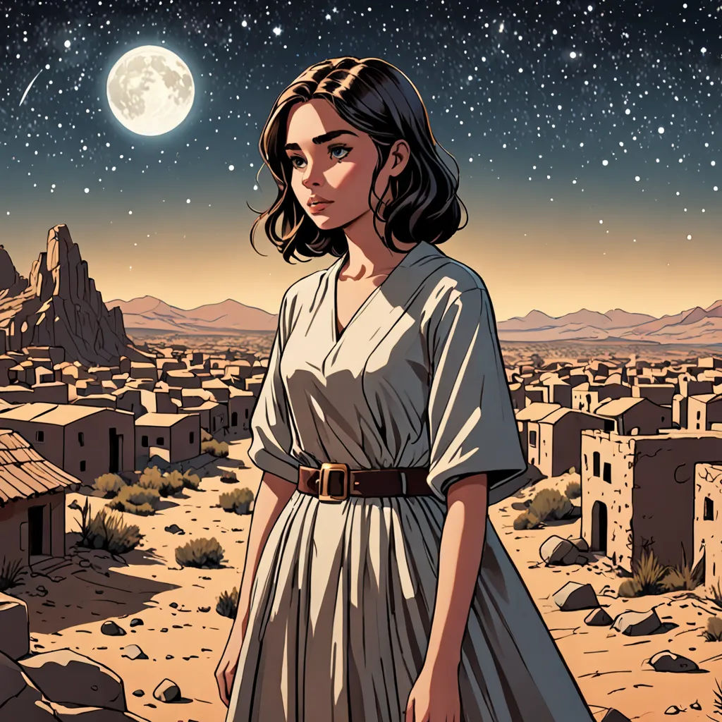 a woman in a dress standing in a desert area with a full moon in the background and a desert town in the foreground, space art, a character portrait, Asaf Hanuka, comic cover art