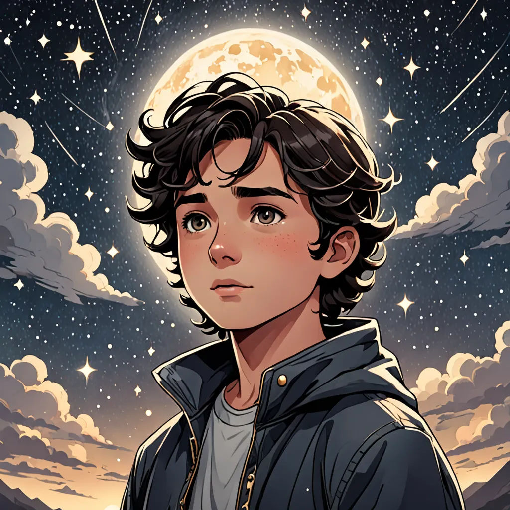 a boy with a hoodie on standing in front of a full moon and stars background with clouds and stars, space art, a character portrait, Aaron Jasinski, rossdraws global illumination