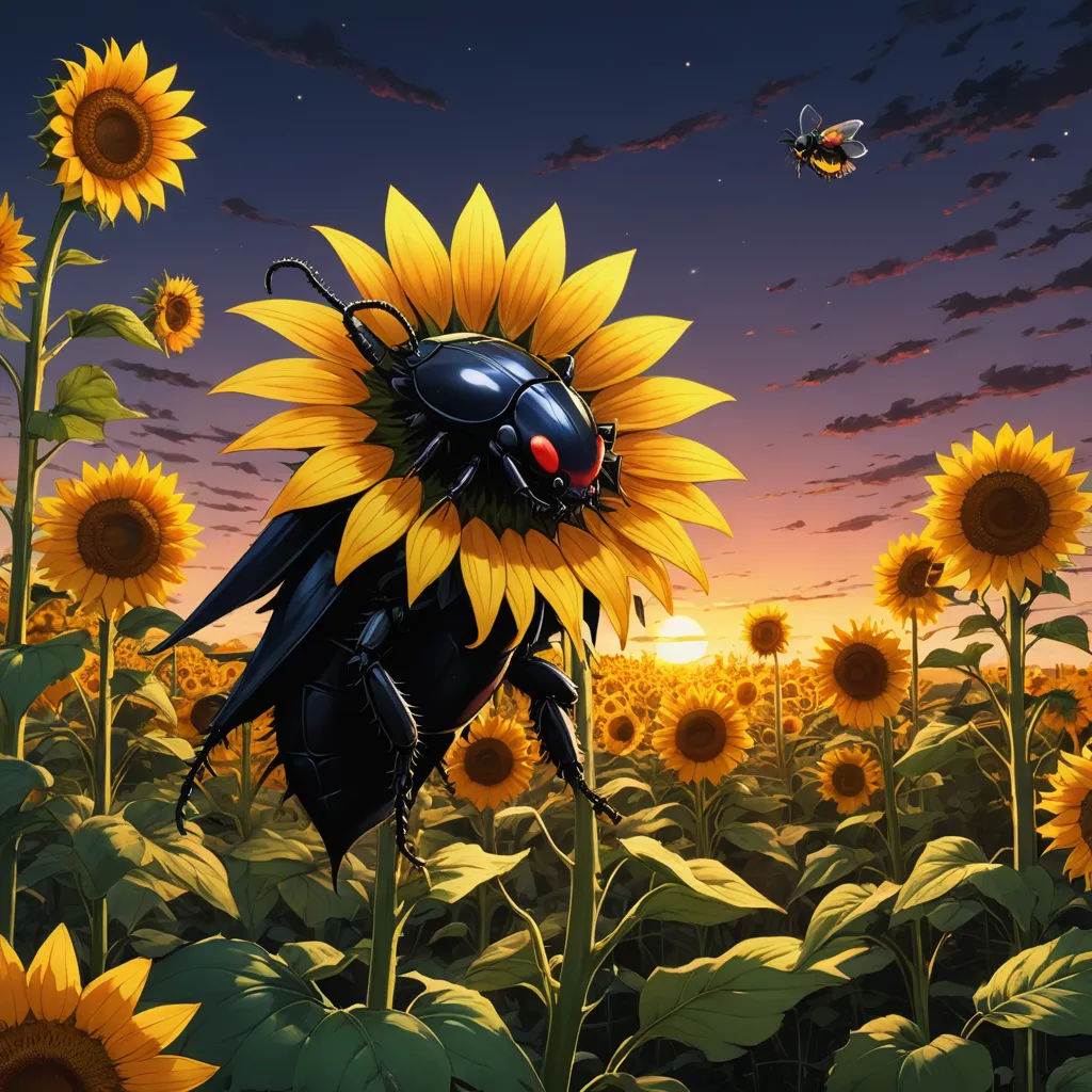 a painting of a bug in a sunflower field with a bee flying over it and a bee hovering over it, pop surrealism, a matte painting, Chiho Aoshima, ufotable