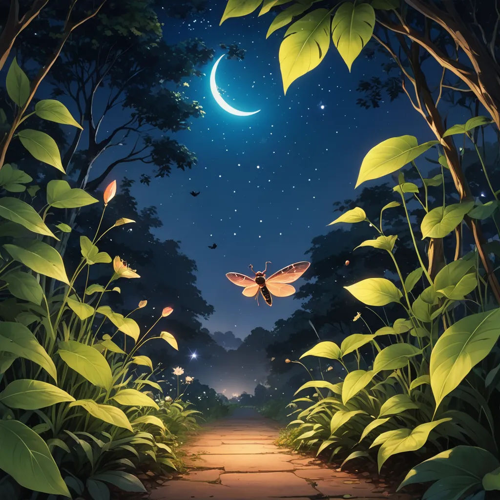 a pathway leading to a forest with a crescent moon and butterflies flying over it at night time with stars and a crescent moon, magic realism, a storybook illustration, Cyril Rolando, fireflies