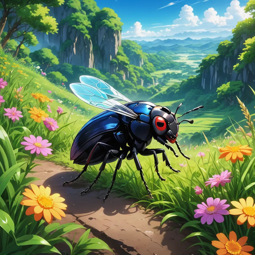a bug is walking through a field of flowers and grass with a mountain in the background and a blue sky, sots art, a detailed matte painting, Cliff Childs, ufotable