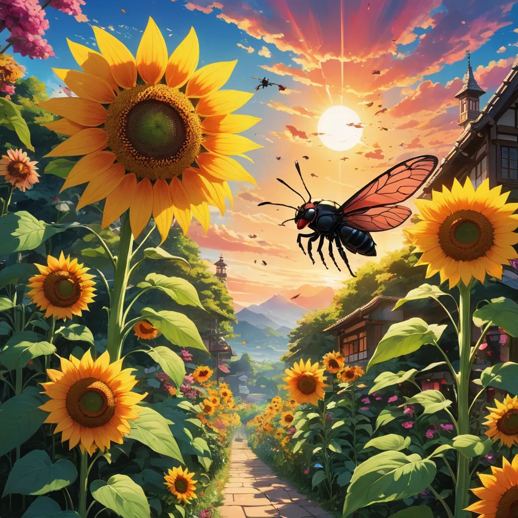 a painting of a bee flying over a sunflower field with a house in the background and a sunset, magic realism, a detailed matte painting, Chris LaBrooy, anime art