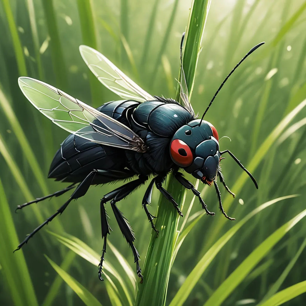 a bug sitting on top of a green plant next to a leaf of grass with red eyes on it, sots art, a 3D render, Beeple, ultra realistic illustration